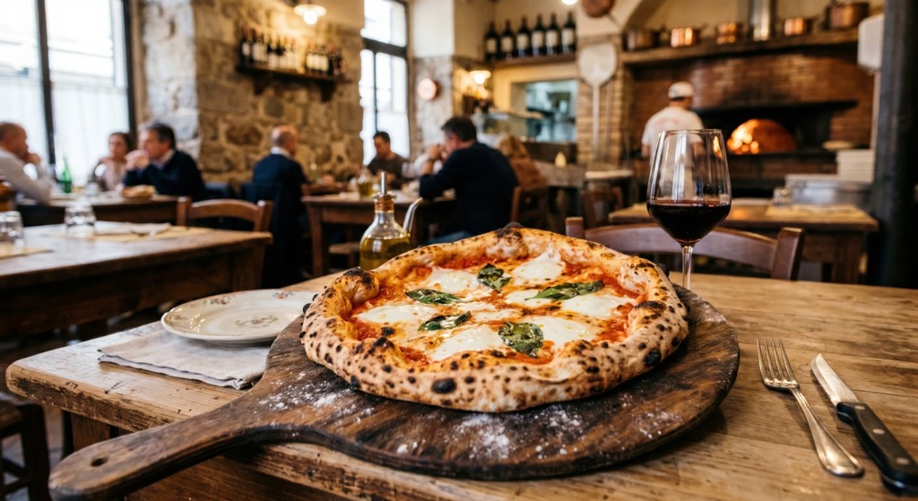Authentic Italian pizza served unsliced in Naples restaurant