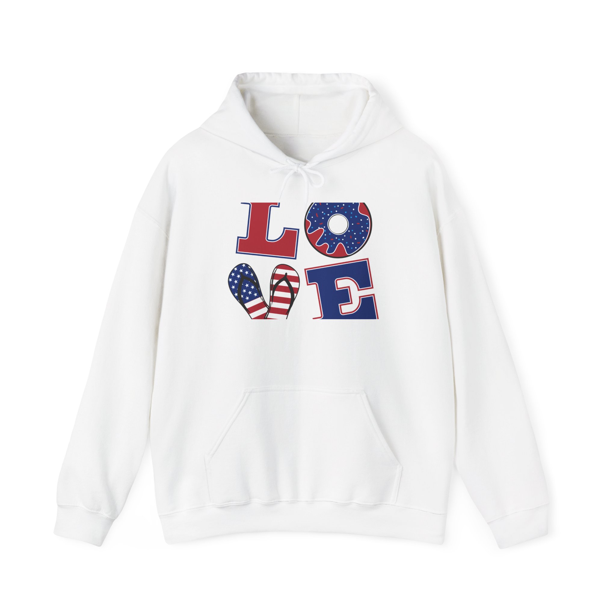 Patriotic LOVE Hoodie – USA Flag Donut Graphic, 'New Day' Back Print