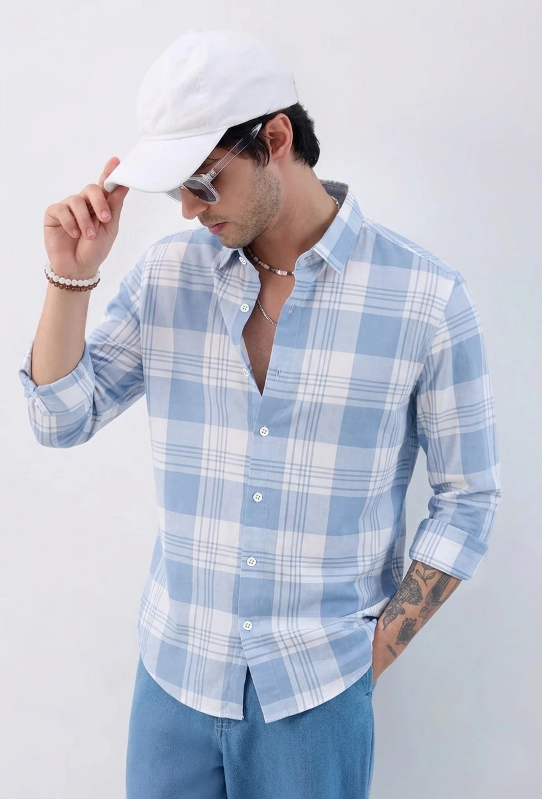 Sky blue check shirt for men's