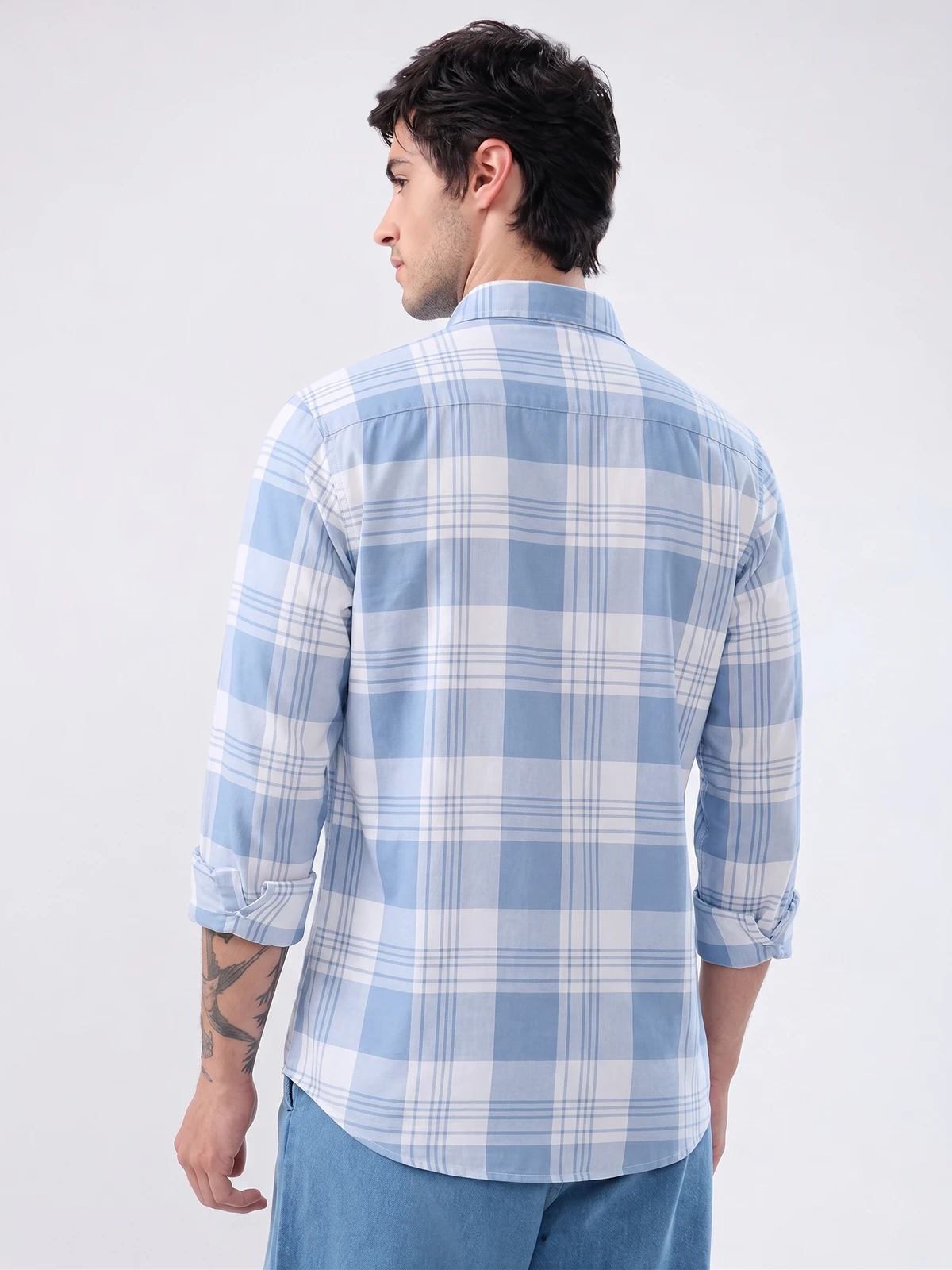 Sky blue check shirt for men's - Image 4