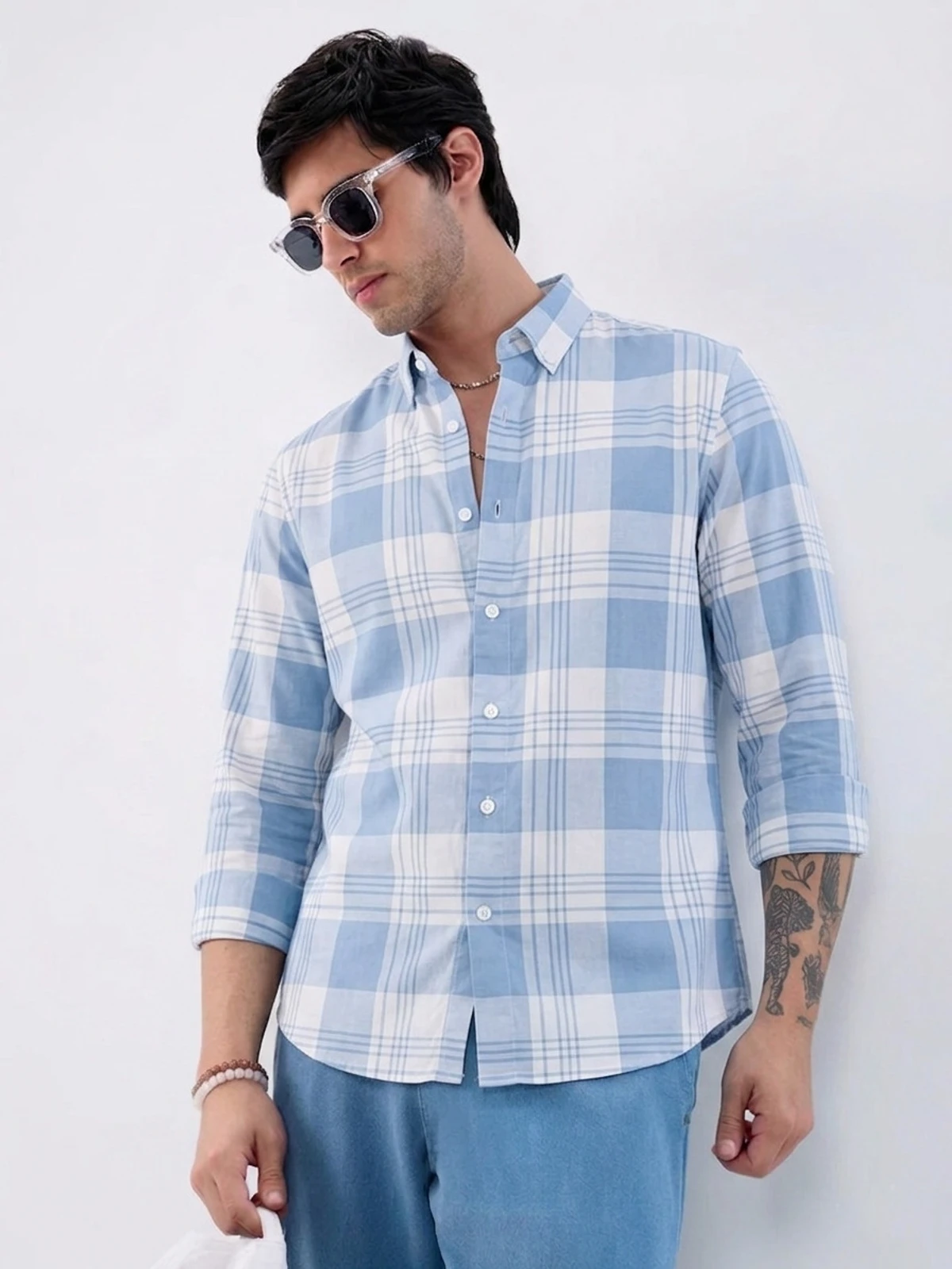 Sky blue check shirt for men's - Image 2