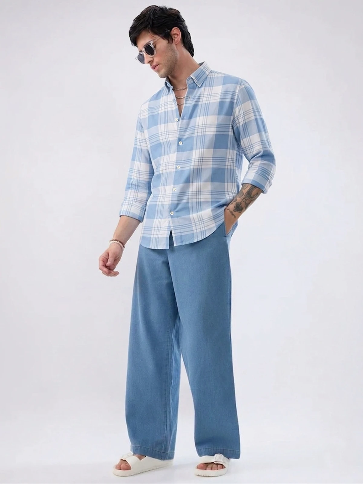 Sky blue check shirt for men's
