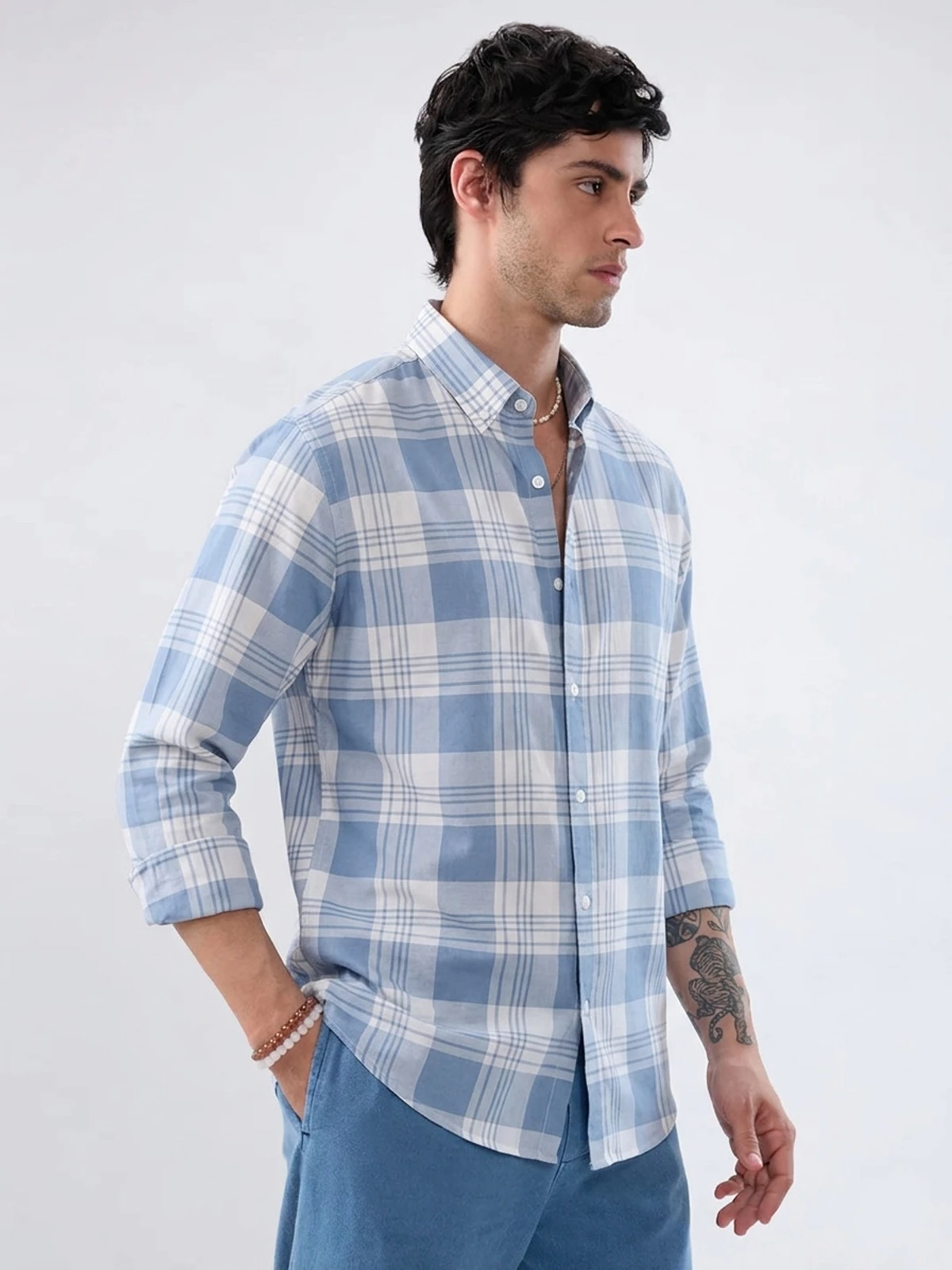 Sky blue check shirt for men's - Image 3